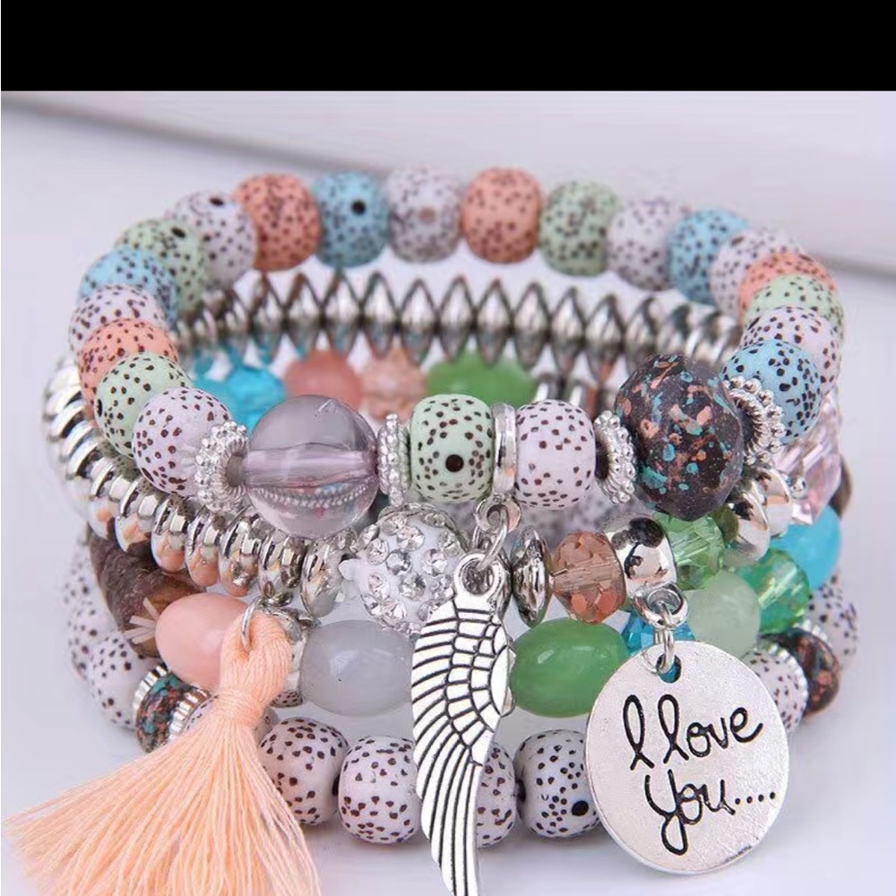 Volcano stone bead bracelet with tassel- 4 pieces - Picture 1 of 1